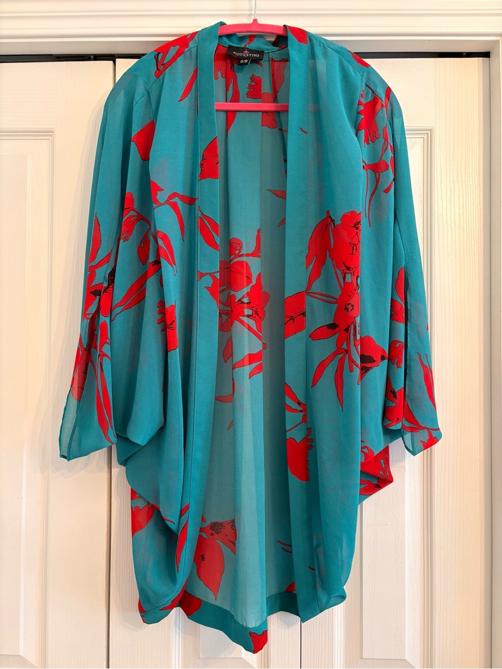 Augustine Teal Top with Red Floral Print